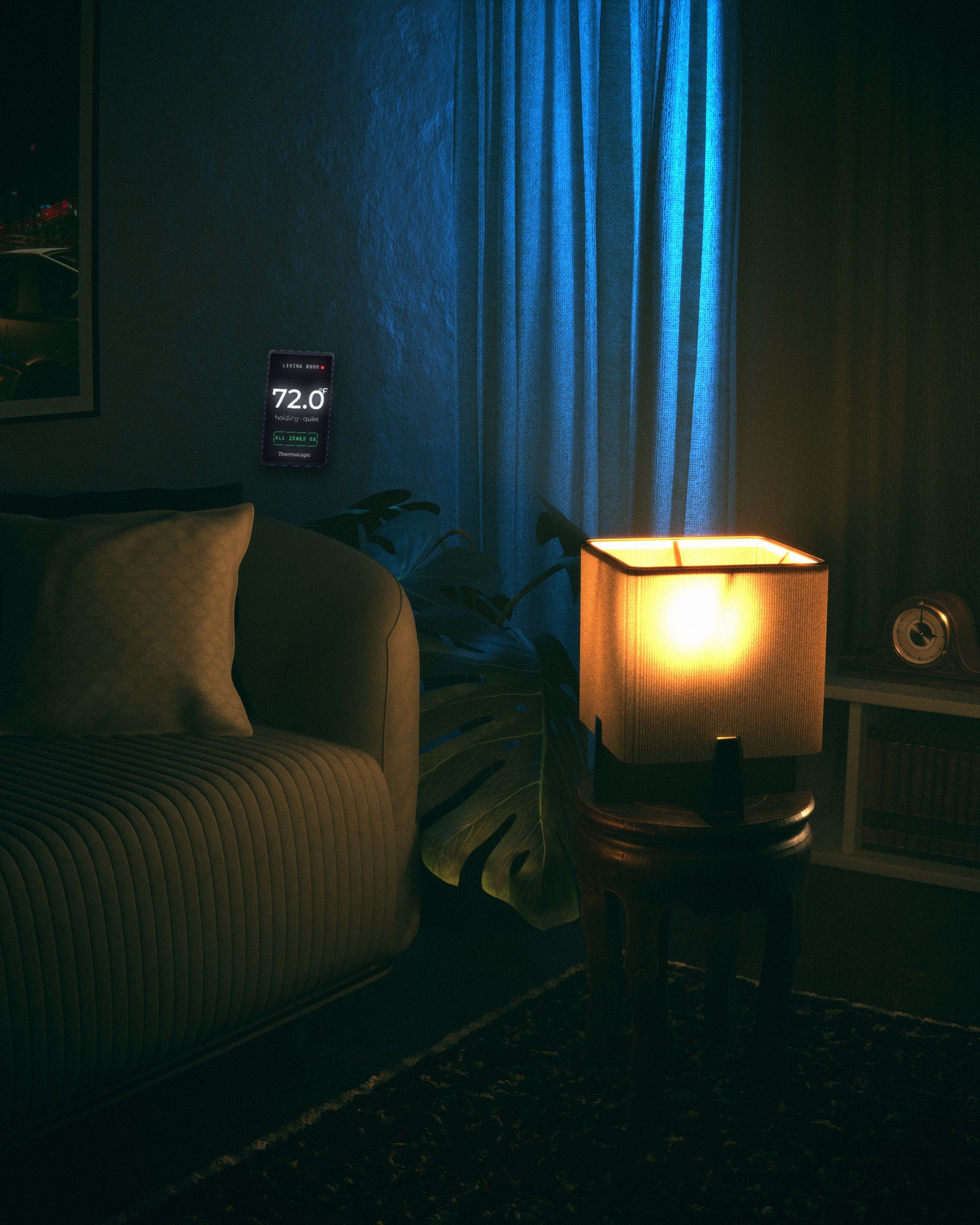 Warm lamp against cold blue window light in a dim living room