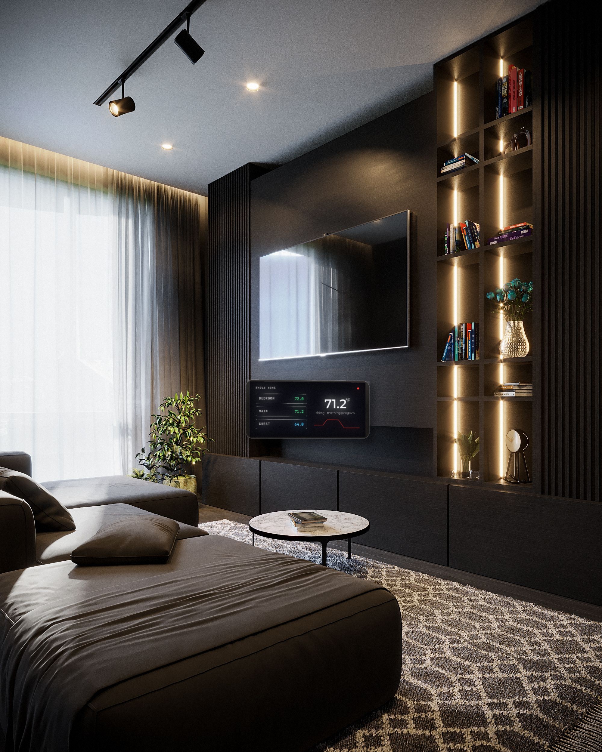 Dark modern living room media wall