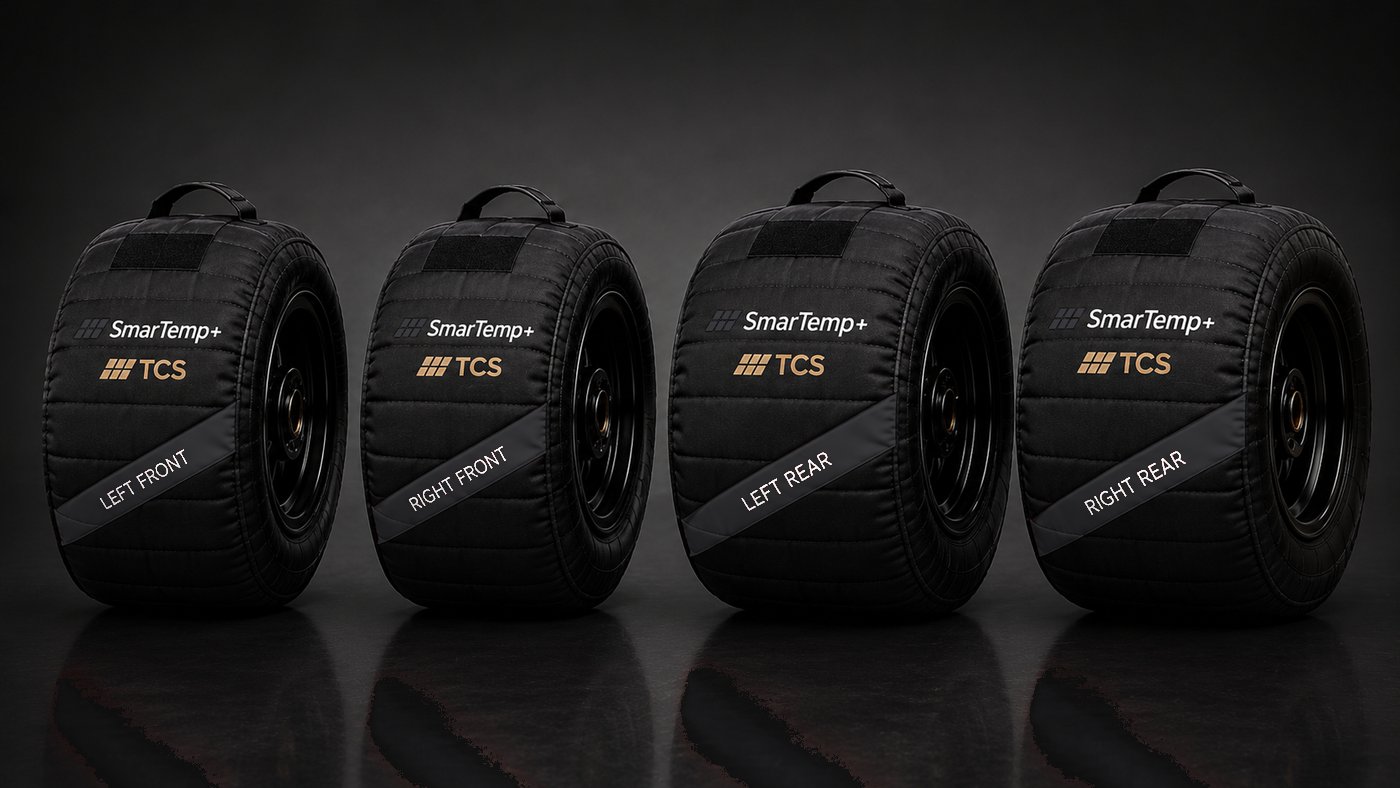 Four SmarTemp+ kart tire warmers in stealth black on kart wheels