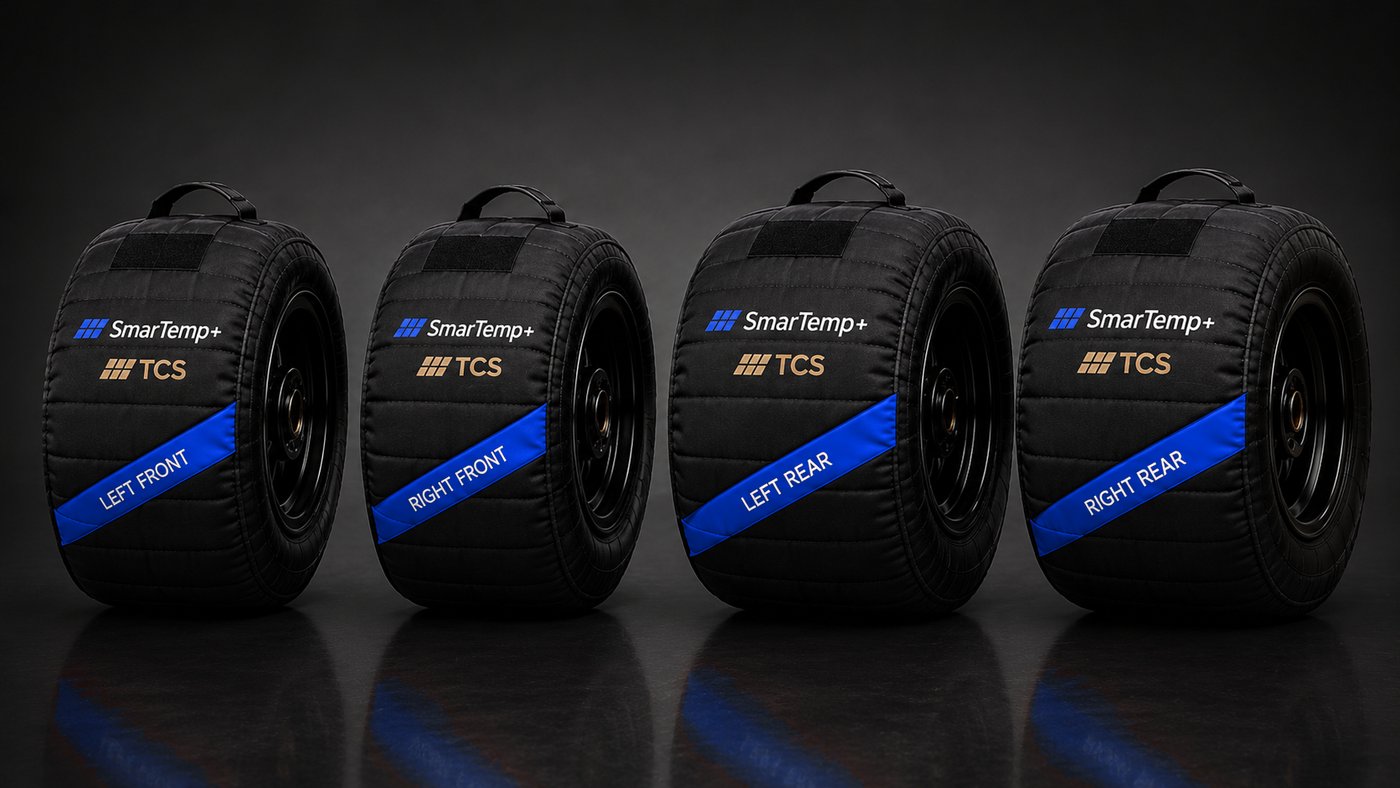 Four SmarTemp+ kart tire warmers with blue stripe
