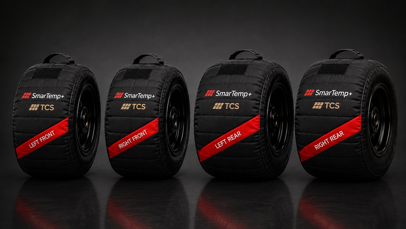 Four SmarTemp+ kart tire warmers with red stripe